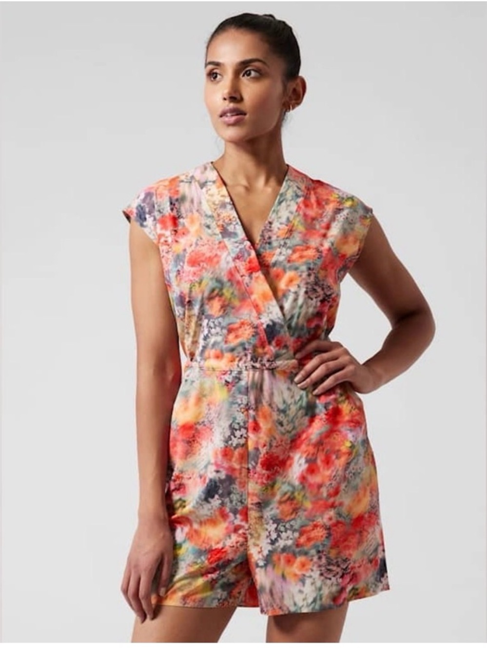 Athleta Marlow Romper - Floral Watercolor Wrap Romper in Coral & Multicolor